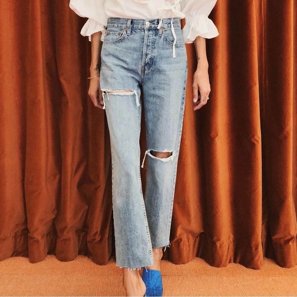 Re/Done Denim - Redone Originals High Rise Stovepipe Straight Crop Destroy Jeans 28
